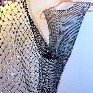 Black fishnet sparkly rhinestone bikini cover / rave dress size small stretchy